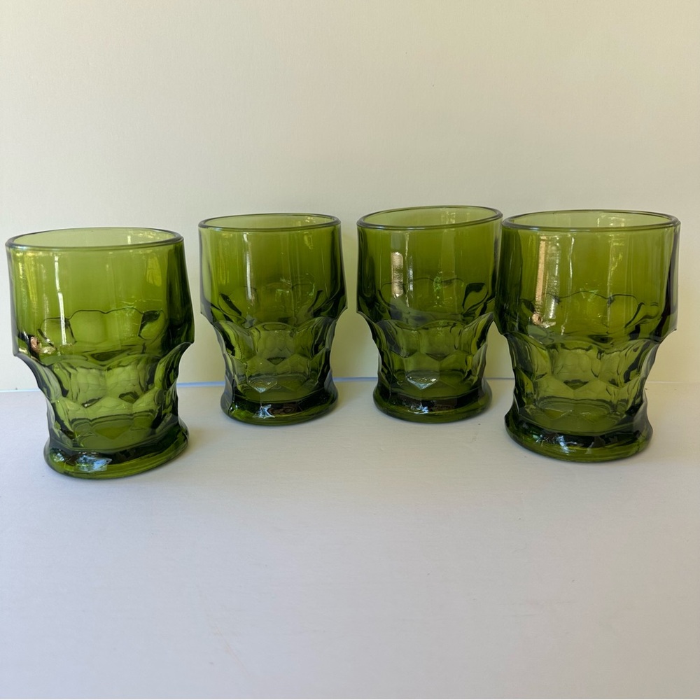 4 VTG Viking Emerald Green Georgian Tumbler Glasses Honeycomb Pattern